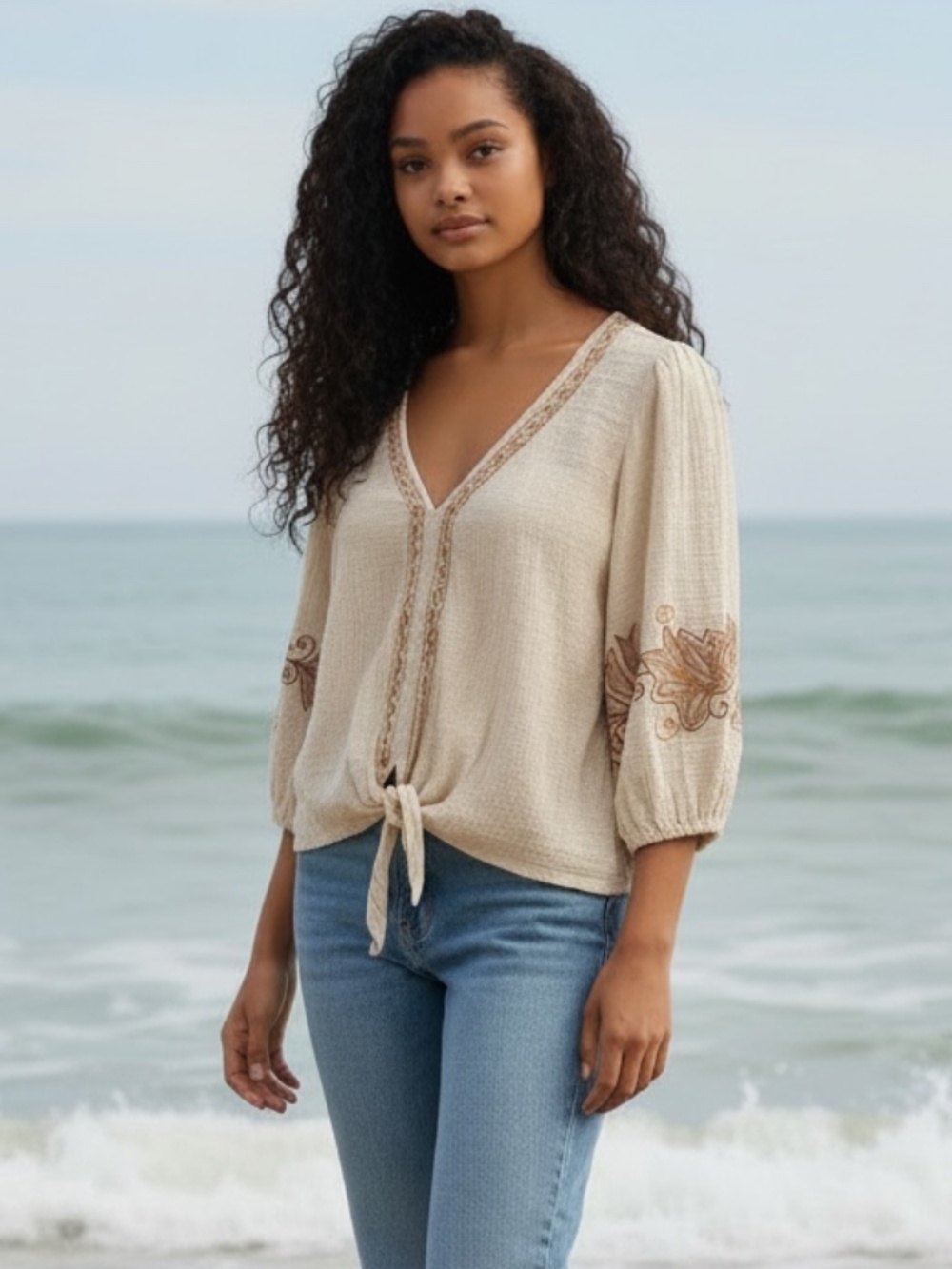 LOVESTITCH Vivienne Boho Embroidered Tie Front Top - Natural/Brown Size Large